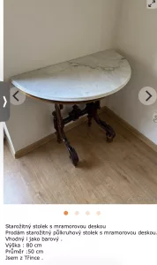 Inzerát č. 139496 - Prodám starožitný pulkruhový stolek s mramorovou deskou, ...