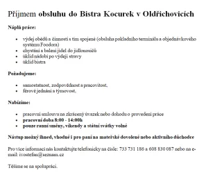 Inzerát č. 143516 - Aktuálně hledáme obsluhu do Bistra Kocurek v Oldřichovicí...