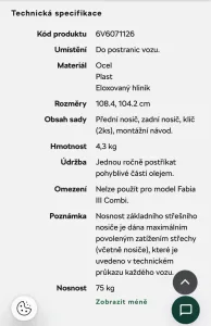 Inzerát č. 145695 - Prodám originál Škoda střešní nosič Fabia III. Cena 1500,...